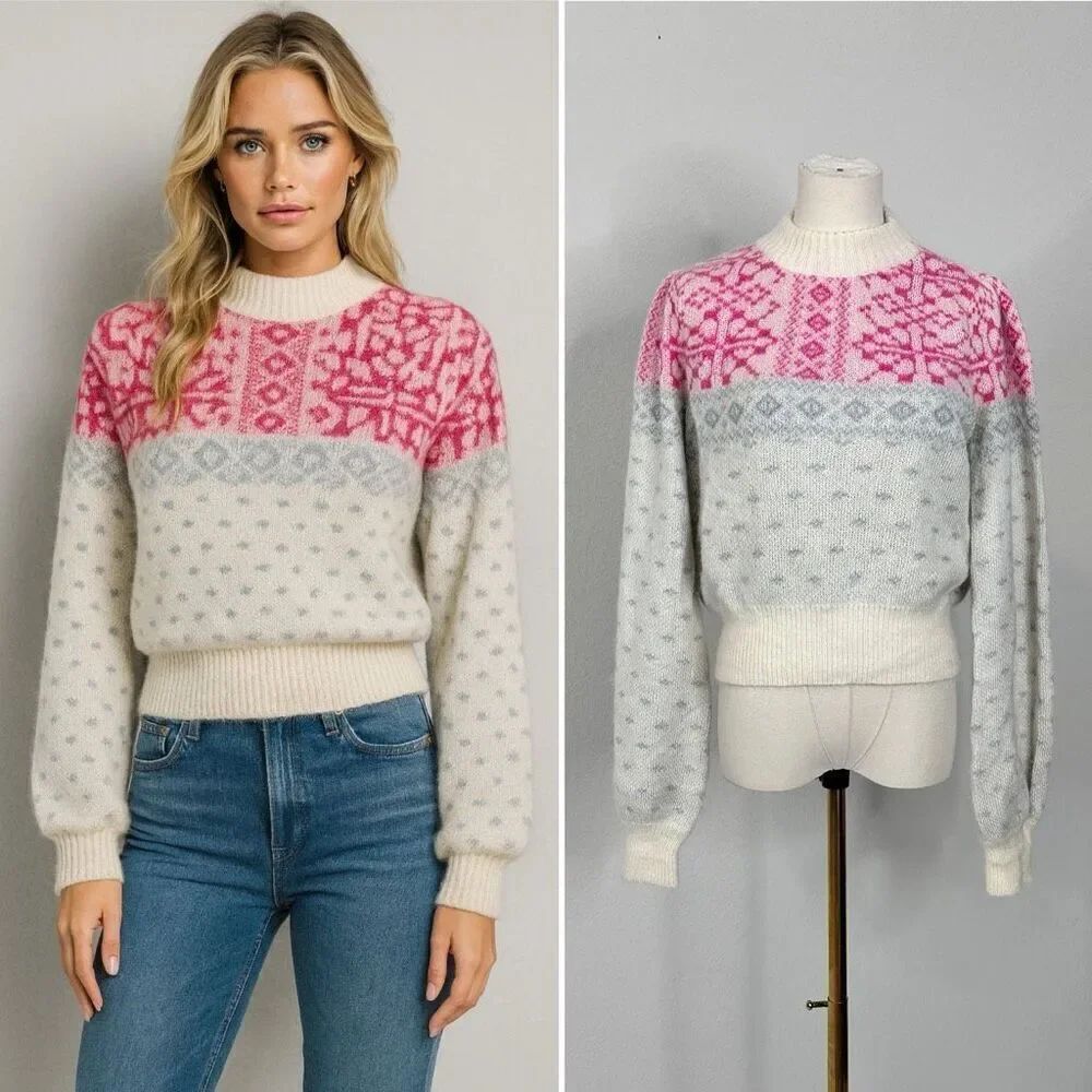 Tularosa Lana Pink Fair Isle Mohair Blend Sweater Balloon Sleeves XS/S Ski Cabin